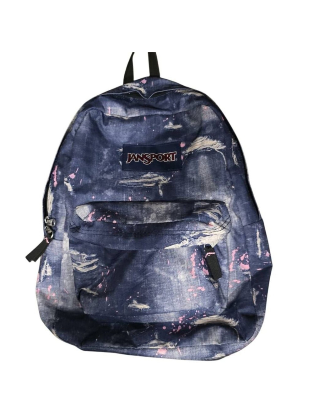 Jansport Superbreak Nylon Backpack Blue Pink Distressed Denim Look Front Zipper